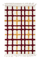 Plaid Crossing grid wool rug, burgundy lines and ochre yellow accents on cream, full view
