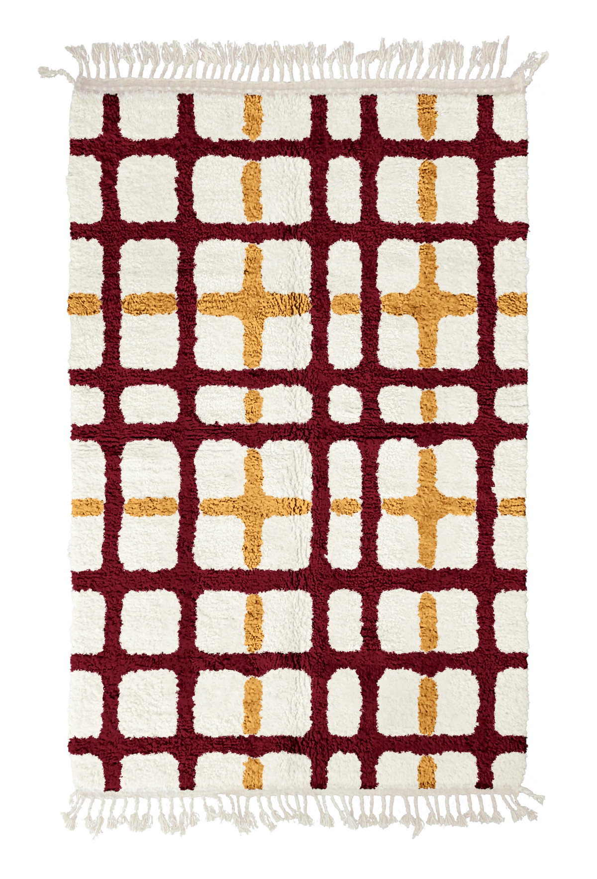 Plaid Crossing grid wool rug, burgundy lines and ochre yellow accents on cream, full view