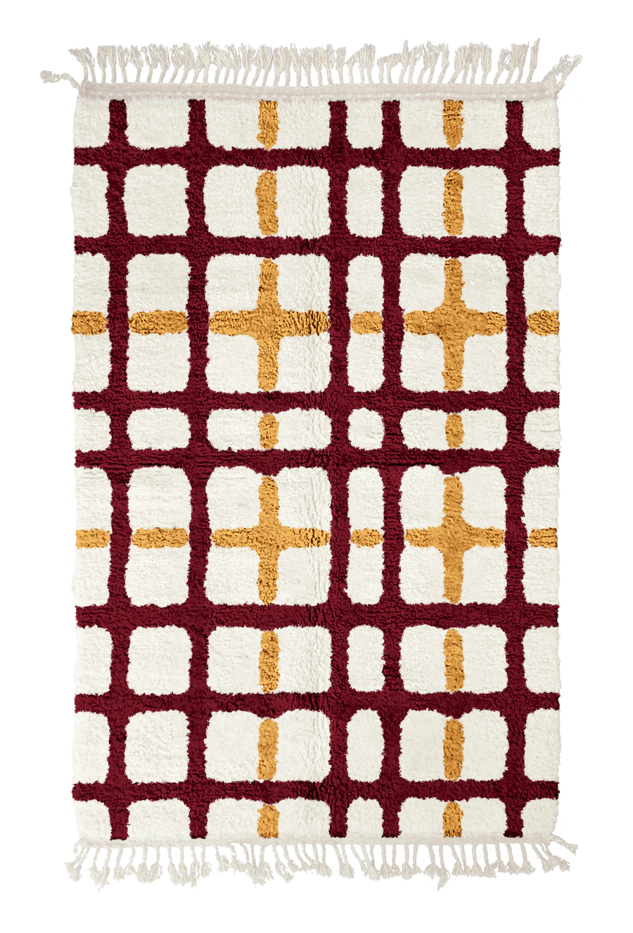 Plaid Crossing grid wool rug, burgundy lines and ochre yellow accents on cream, full view