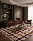 Load image into Gallery viewer, Burgundy, Ochre Yellow and Cream grid wool rug in a furnished room
