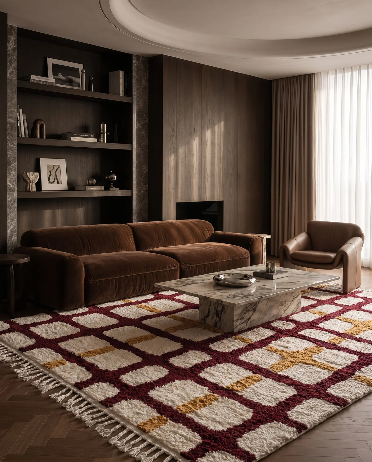 Burgundy, Ochre Yellow and Cream grid wool rug in a furnished room