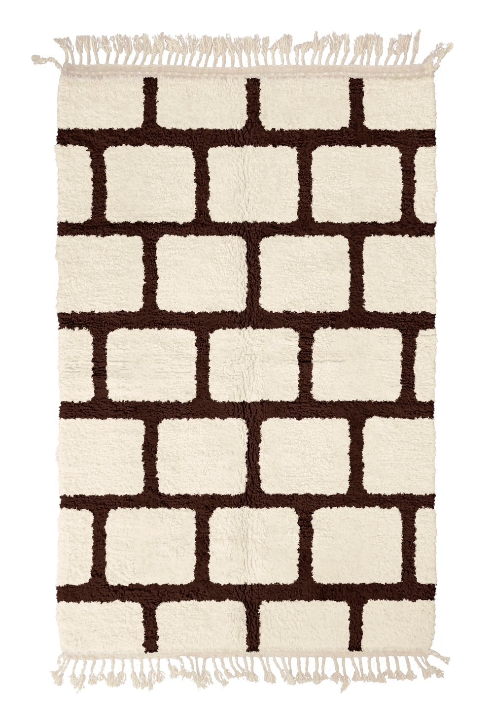 Brick Crossing grid wool rug, dark brown lines on cream, full view