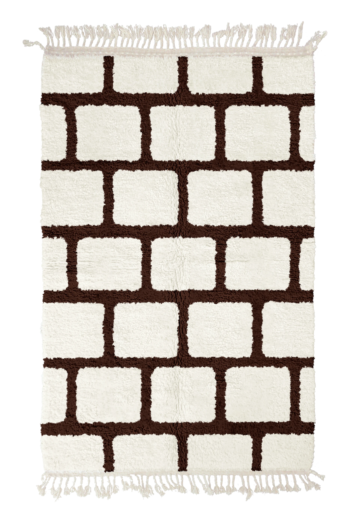 Brick Crossing grid wool rug, dark brown lines on cream, full view
