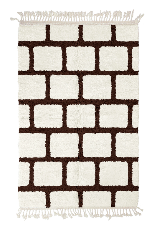 Brick Crossing grid wool rug, dark brown lines on cream, full view
