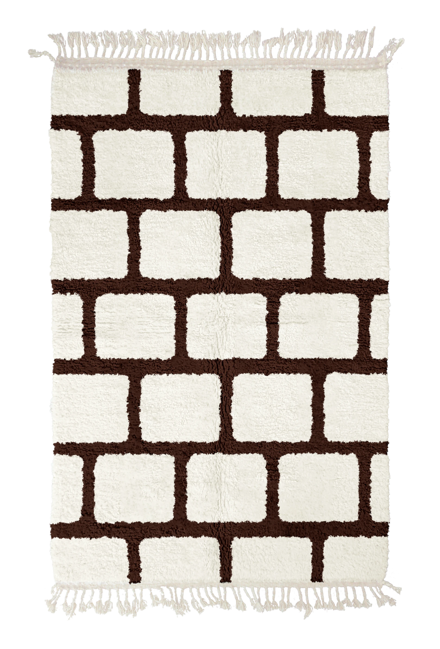Brick Crossing grid wool rug, dark brown lines on cream, full view