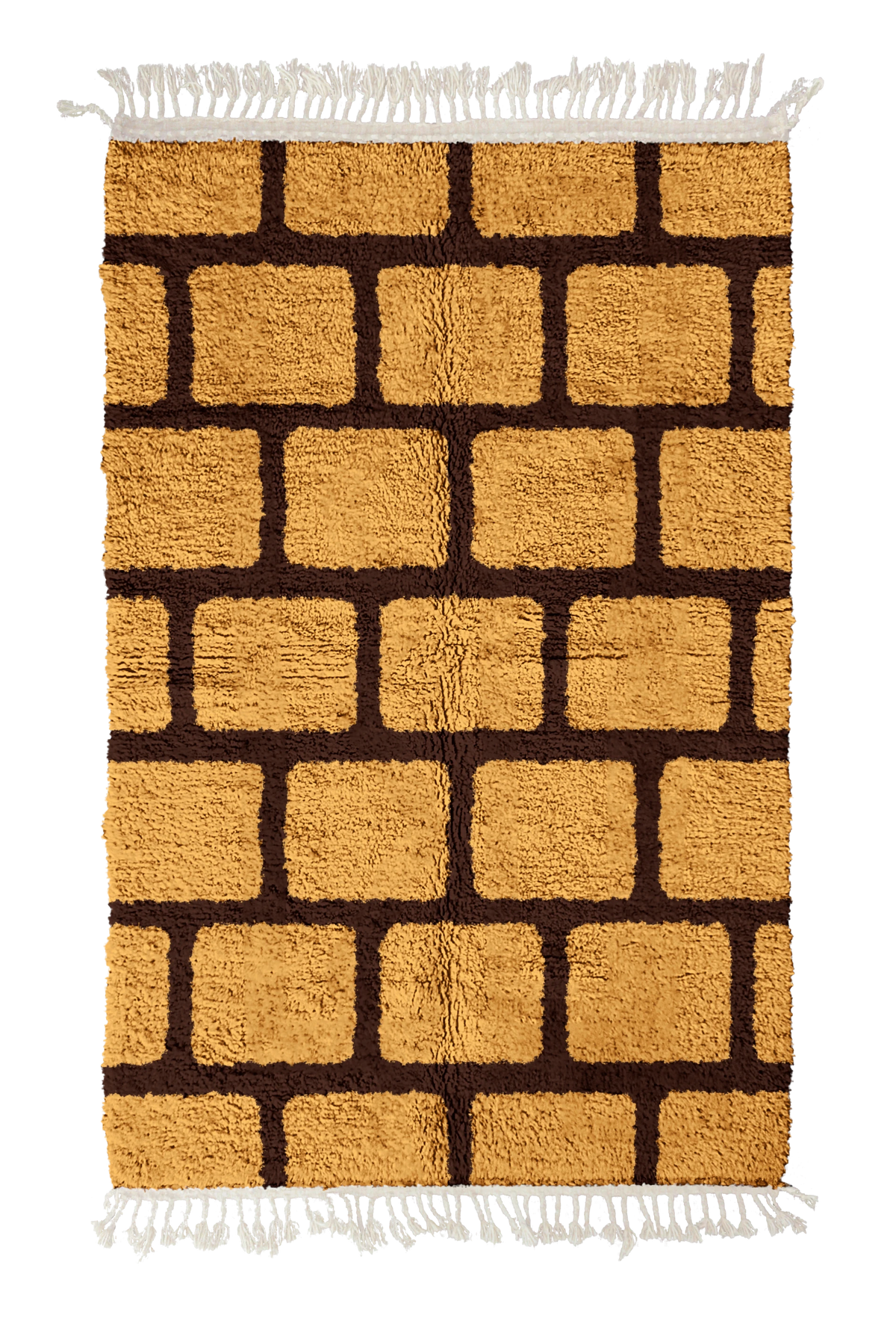 Brick Crossing grid wool rug, dark brown lines on ochre yellow, full view