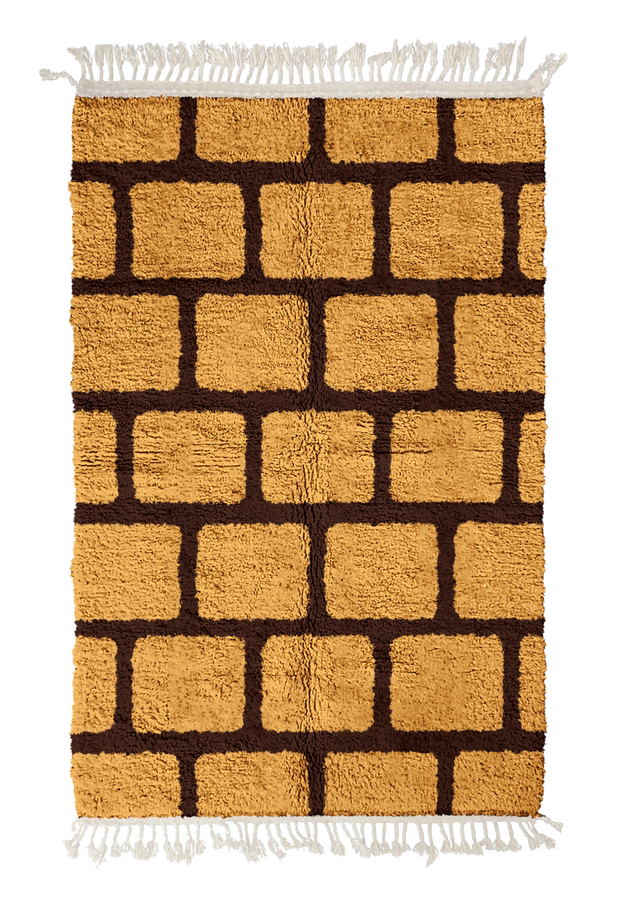 Brick Crossing grid wool rug, dark brown lines on ochre yellow, full view