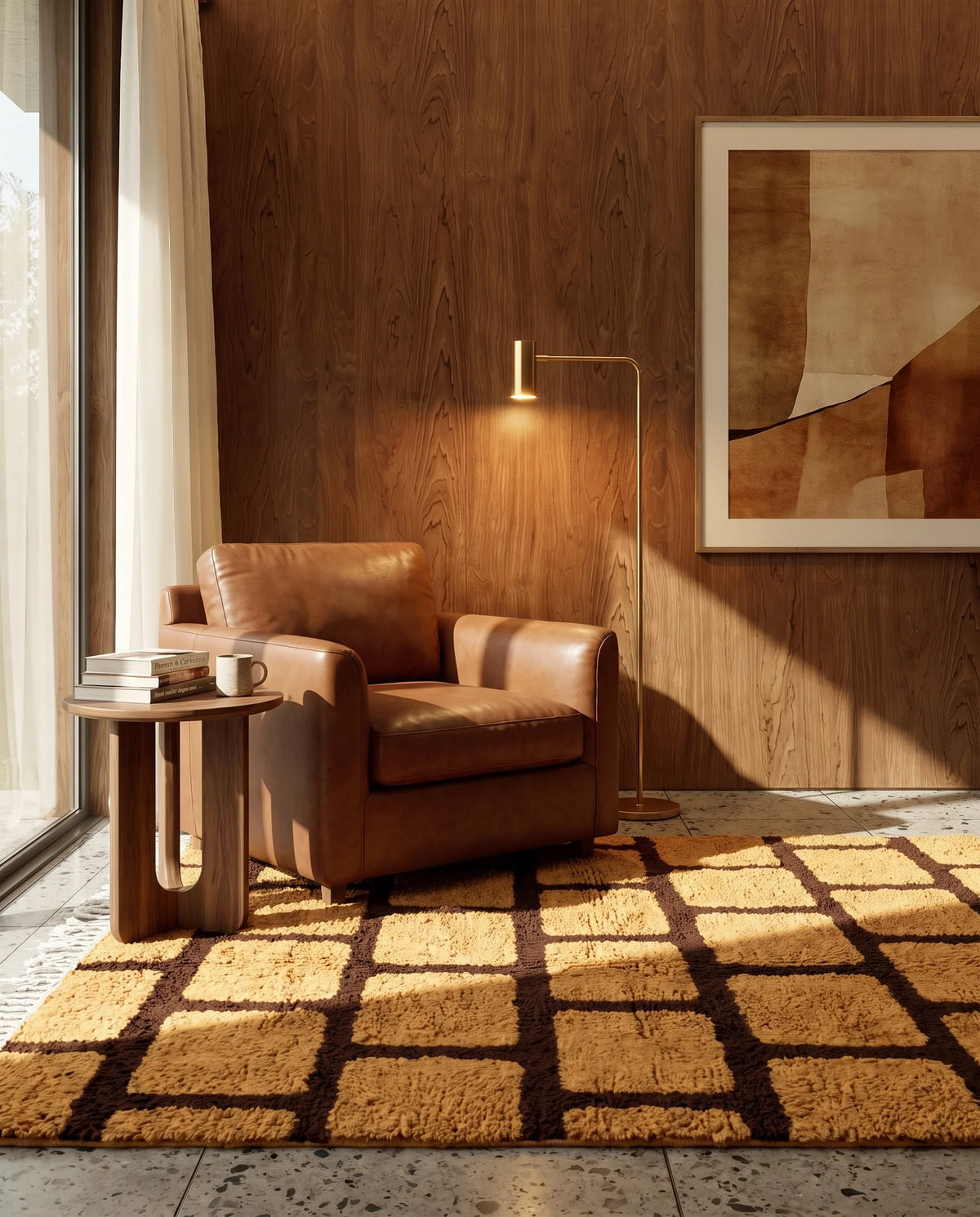 Brown and Ochre Yellow grid wool rug in a furnished room