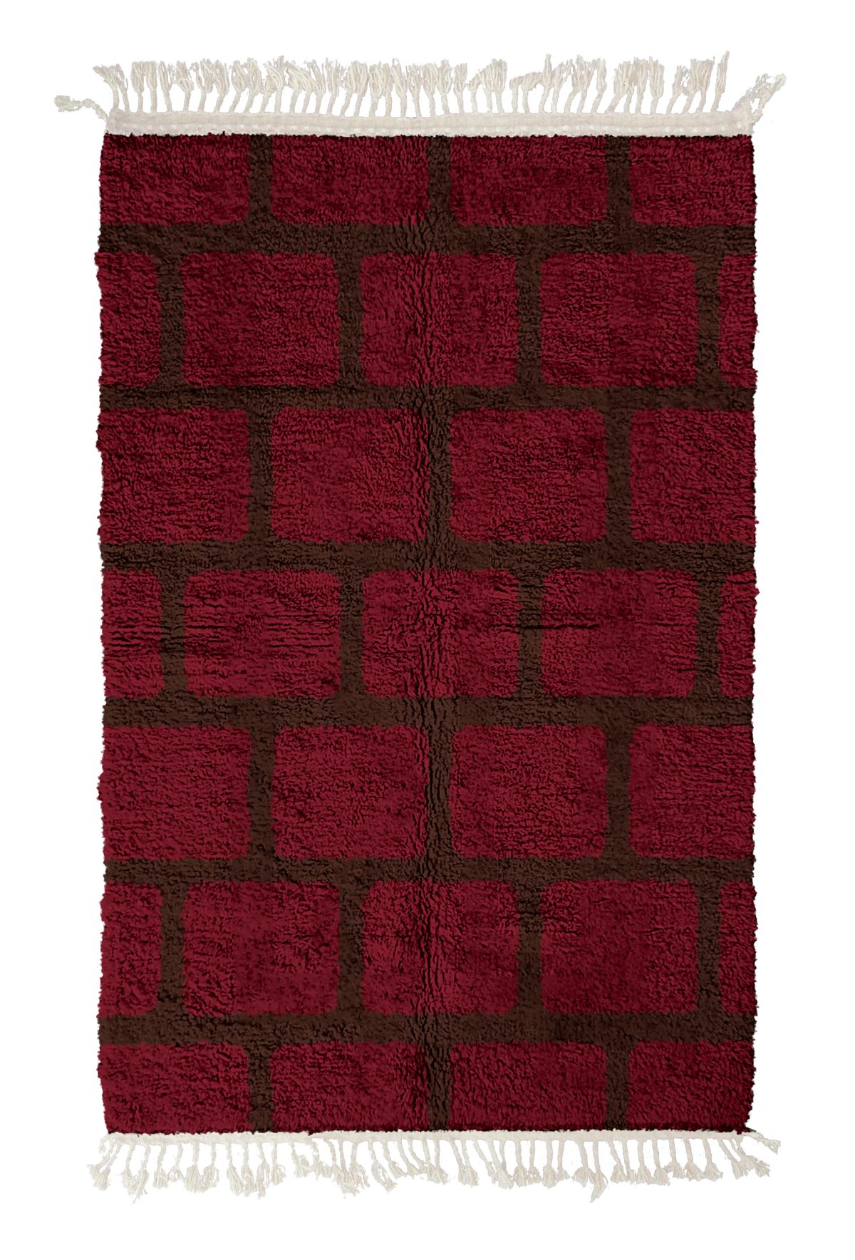 Brick Crossing grid wool rug, dark brown lines on burgundy, full view