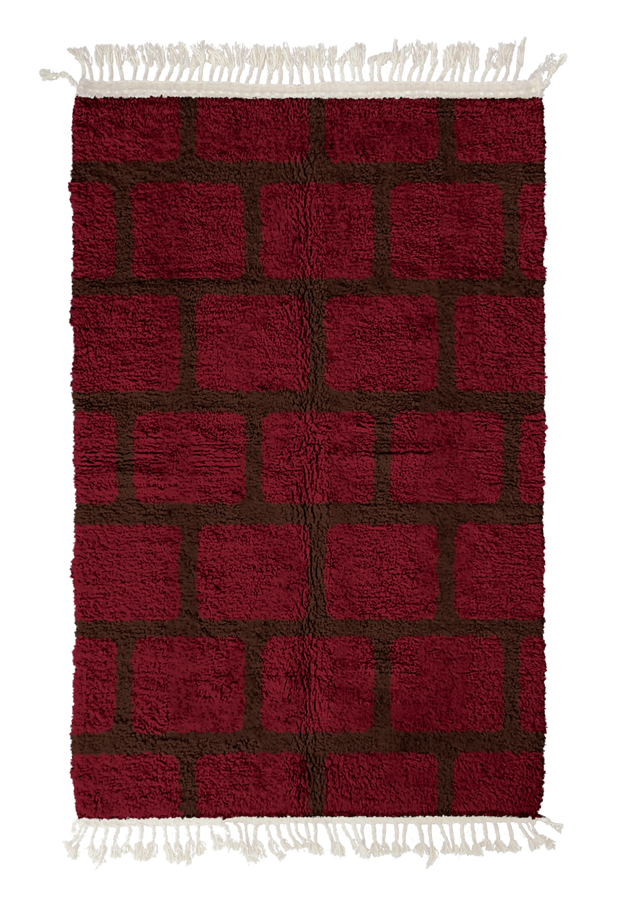 Brick Crossing grid wool rug, dark brown lines on burgundy, full view