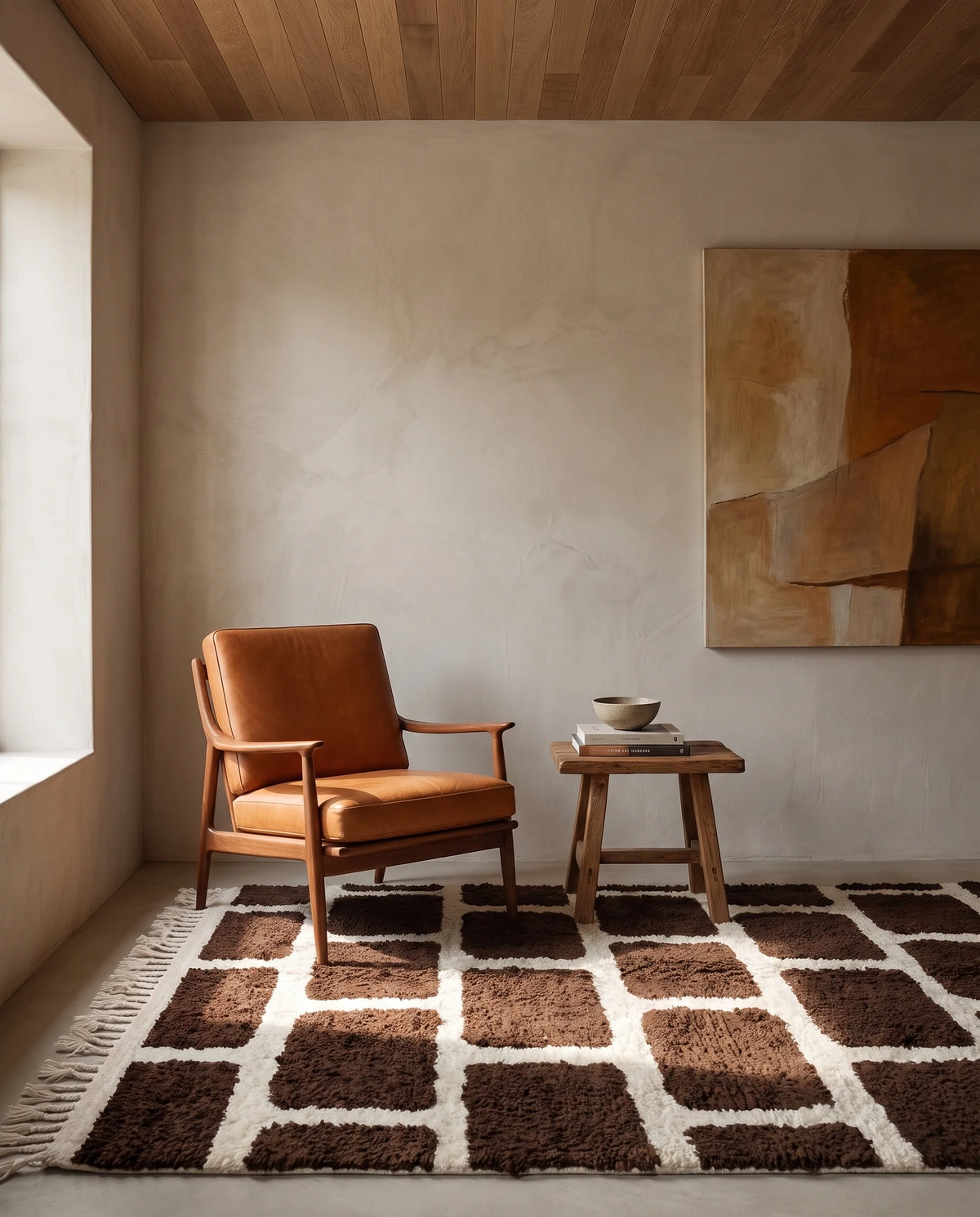 Cream and Dark Brown grid wool rug in a furnished room
