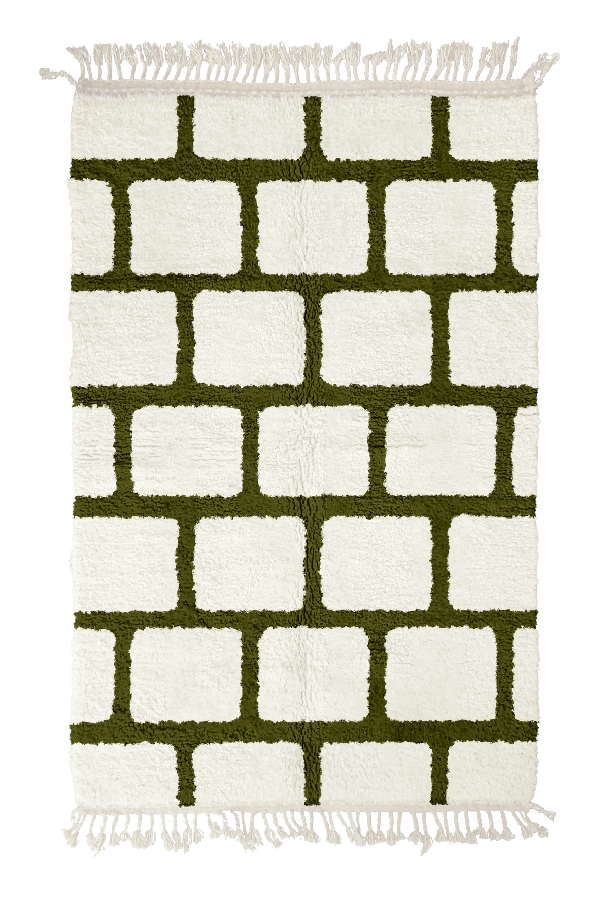 Brick Crossing grid wool rug, olive green lines on cream, full view
