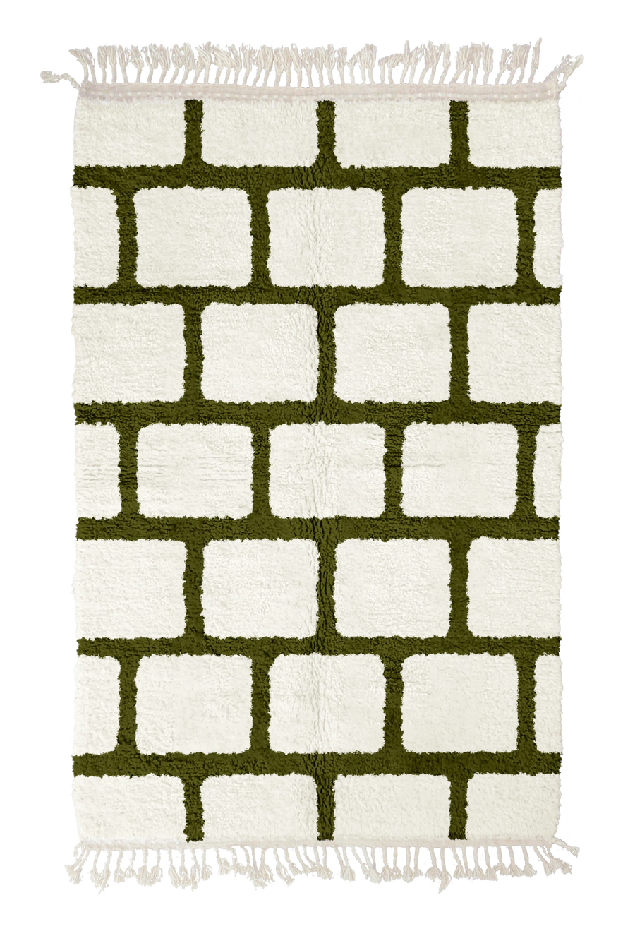 Brick Crossing grid wool rug, olive green lines on cream, full view