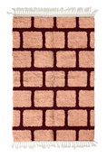 Load image into Gallery viewer, Brick Crossing grid wool rug, oxblood red lines on blush pink, full view
