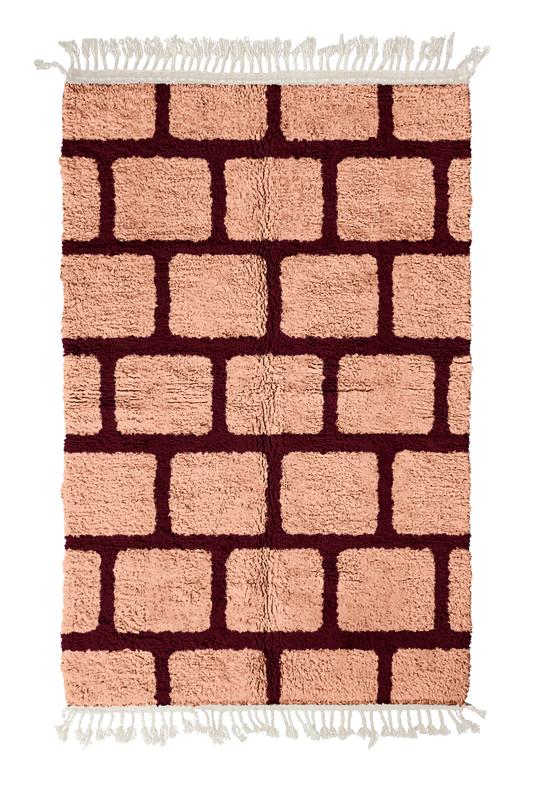 Brick Crossing grid wool rug, oxblood red lines on blush pink, full view
