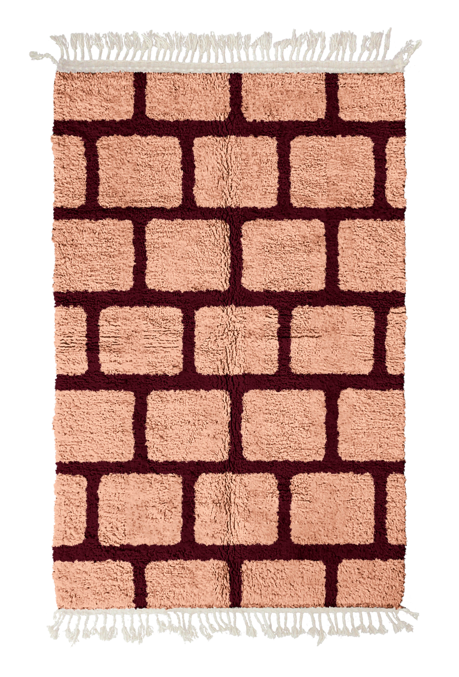 Brick Crossing grid wool rug, oxblood red lines on blush pink, full view