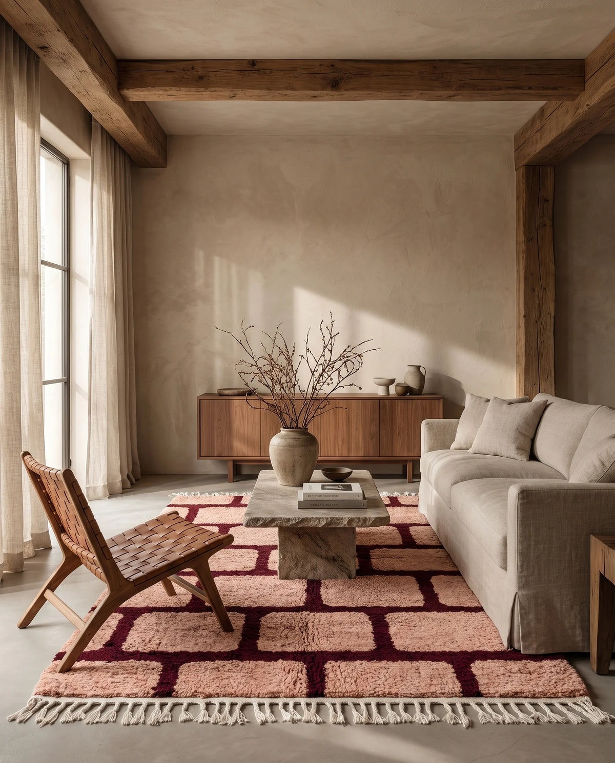 Burgundy and Blush Pink grid wool rug in a furnished room