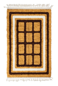 Load image into Gallery viewer, Frame Crossing grid wool rug, dark brown lines and cream accents on ochre yellow, full view
