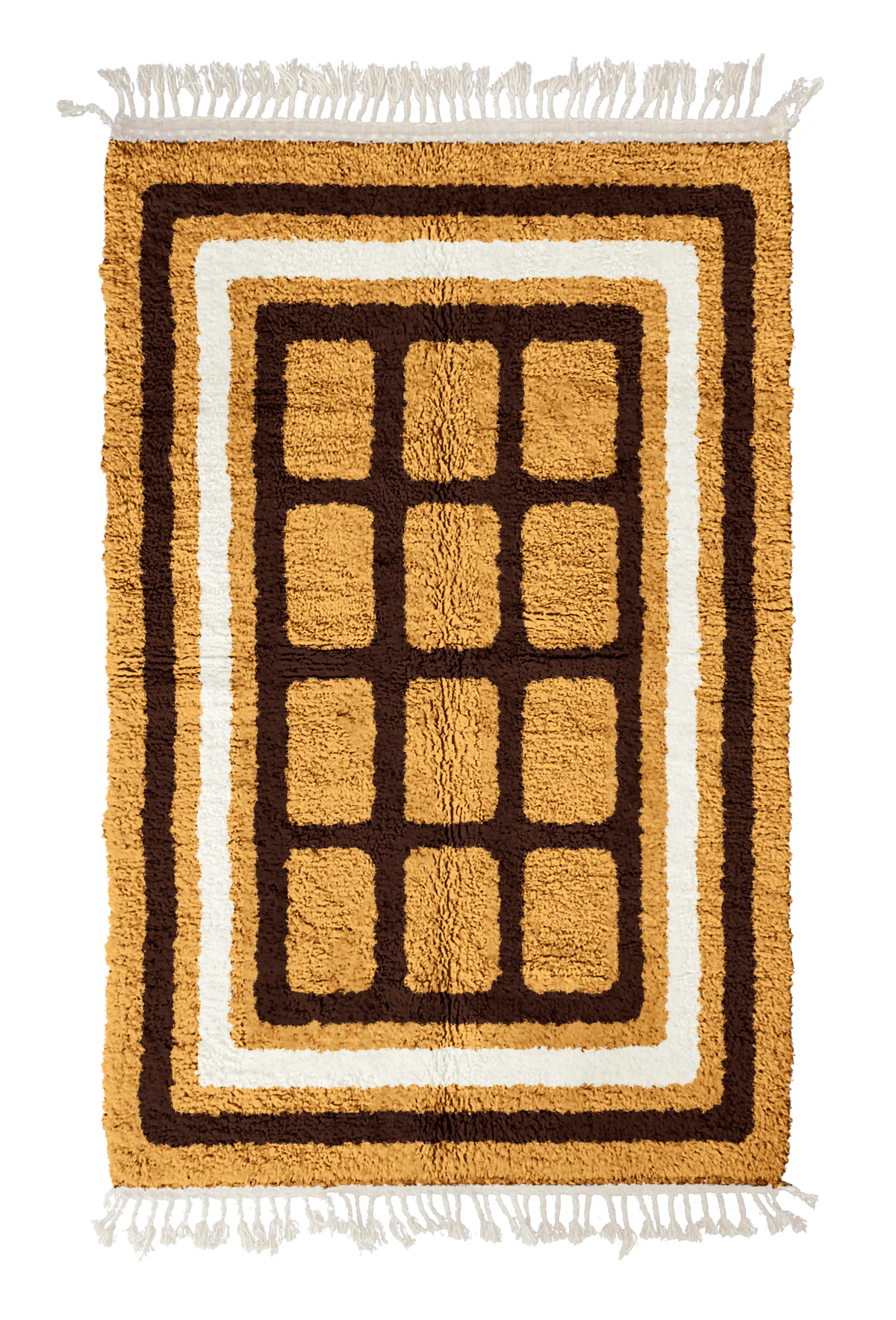 Frame Crossing grid wool rug, dark brown lines and cream accents on ochre yellow, full view
