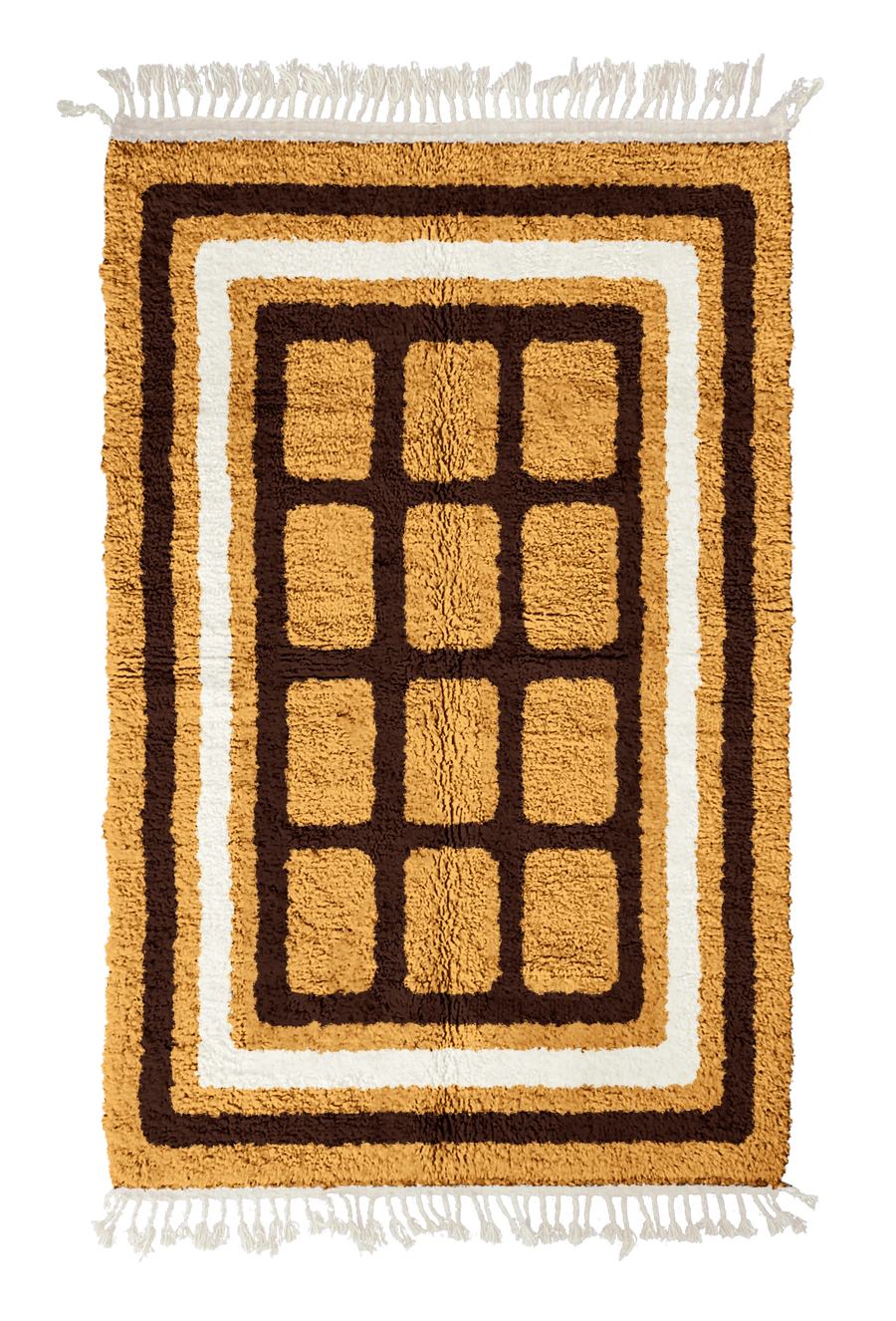 Frame Crossing grid wool rug, dark brown lines and cream accents on ochre yellow, full view