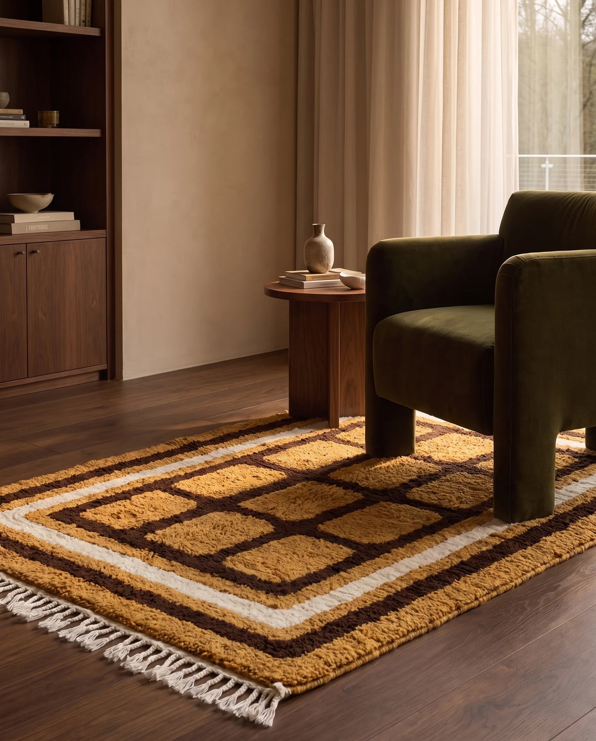 Brown, Cream and Ochre Yellow grid wool rug in a furnished room