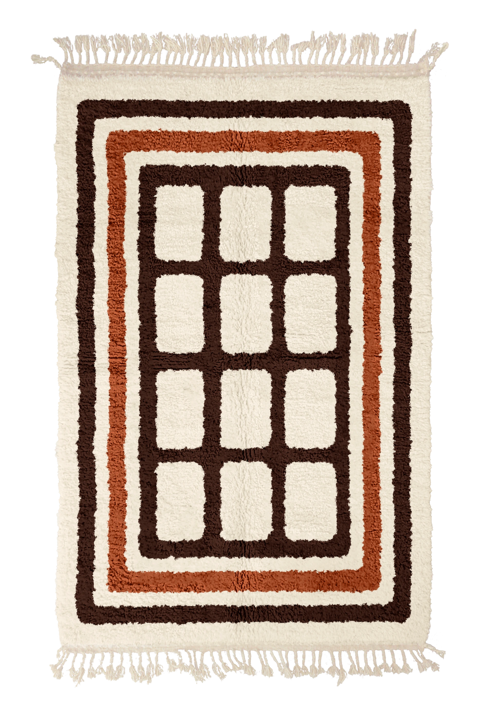 Frame Crossing grid wool rug, dark brown lines and terracotta accents on cream, full view