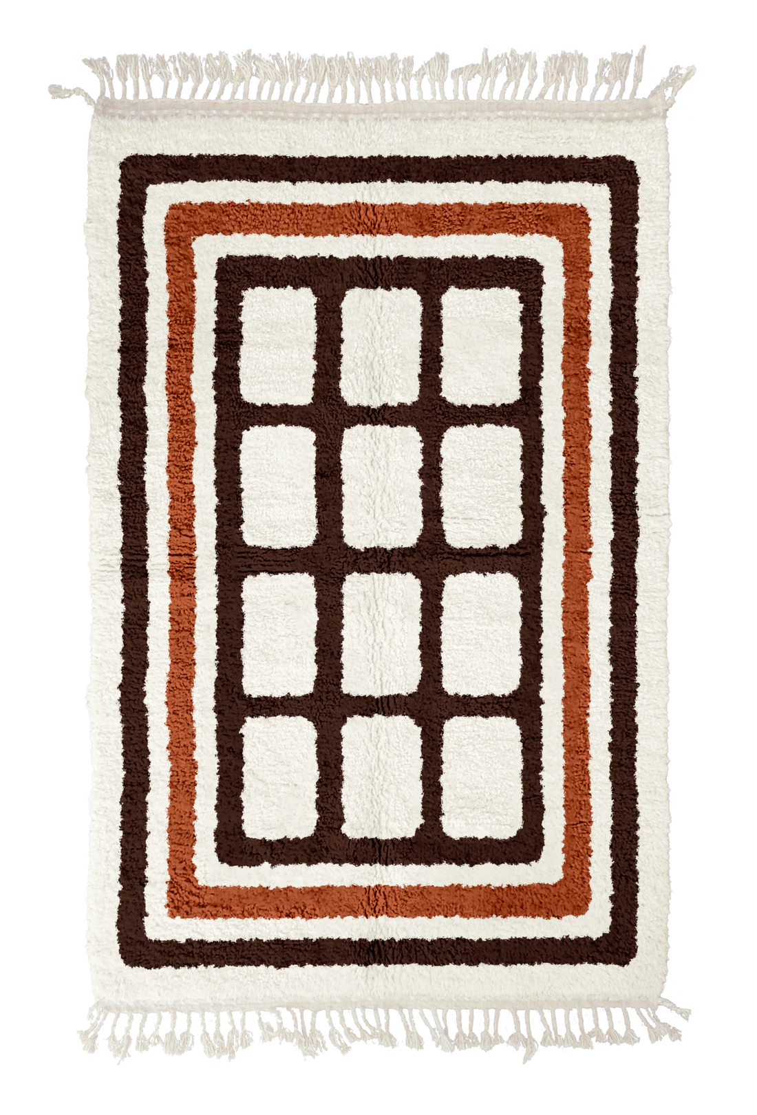 Frame Crossing grid wool rug, dark brown lines and terracotta accents on cream, full view
