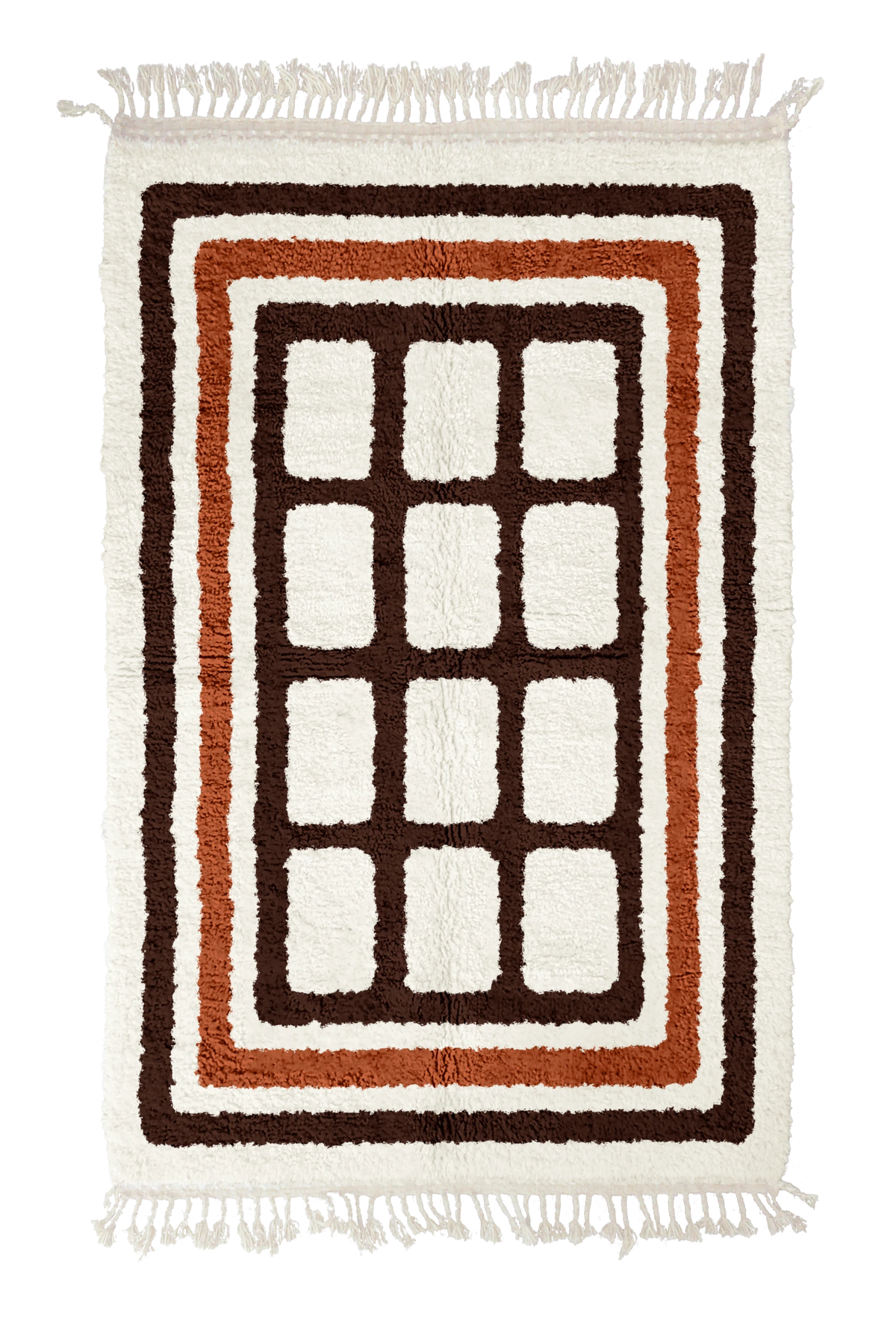 Frame Crossing grid wool rug, dark brown lines and terracotta accents on cream, full view