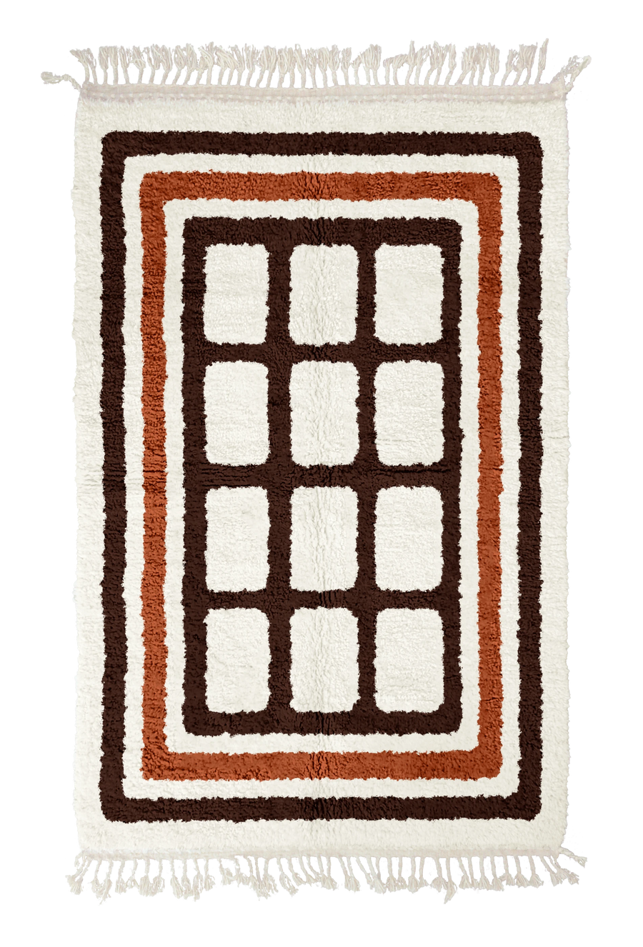 Frame Crossing grid wool rug, dark brown lines and terracotta accents on cream, full view
