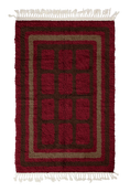 Load image into Gallery viewer, Frame Crossing grid wool rug, dark brown lines and warm taupe accents on burgundy, full view
