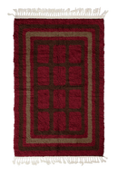 Frame Crossing grid wool rug, dark brown lines and warm taupe accents on burgundy, full view