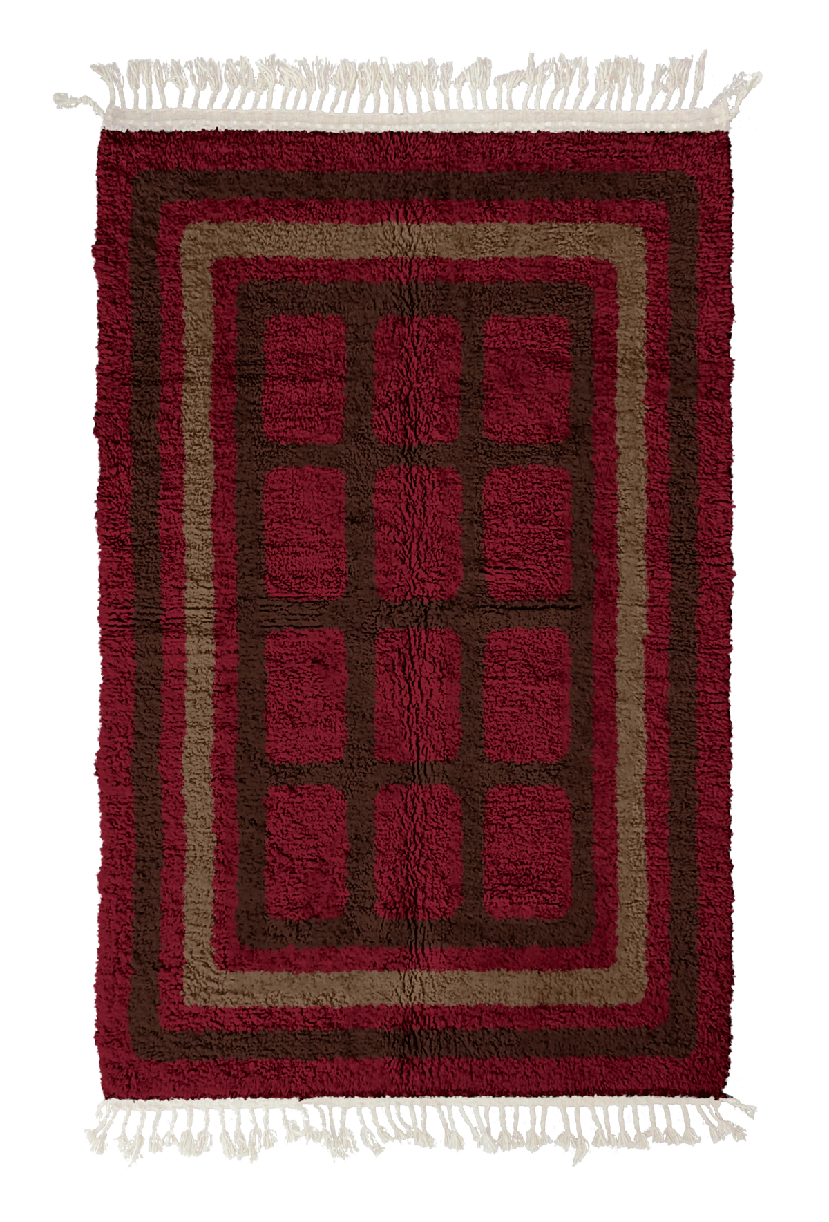 Frame Crossing grid wool rug, dark brown lines and warm taupe accents on burgundy, full view