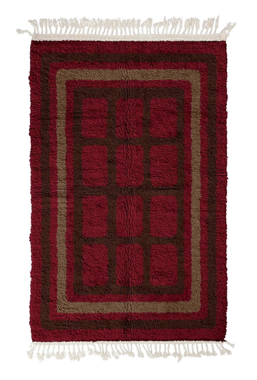 Frame Crossing grid wool rug, dark brown lines and warm taupe accents on burgundy, full view