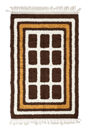 Frame Crossing grid wool rug, cream lines and ochre yellow accents on dark espresso brown, full view