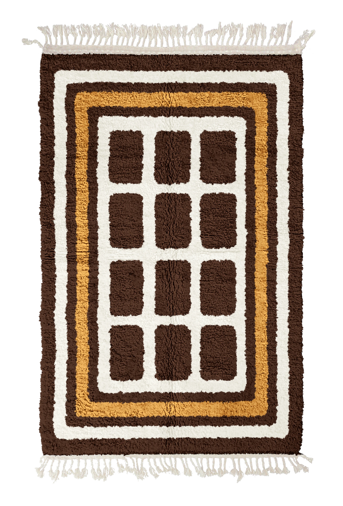 Frame Crossing grid wool rug, cream lines and ochre yellow accents on dark espresso brown, full view