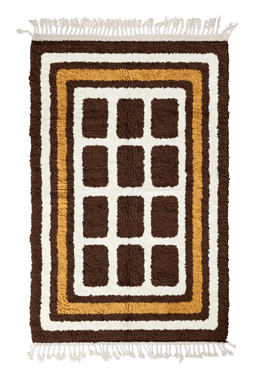 Frame Crossing grid wool rug, cream lines and ochre yellow accents on dark espresso brown, full view
