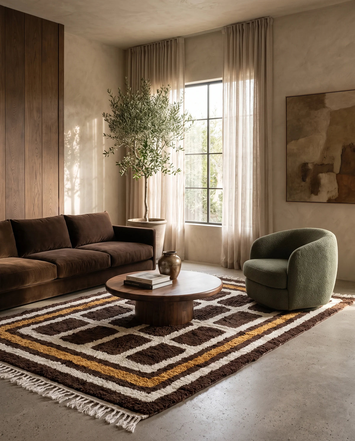 Cream, Ochre Yellow and Dark Brown grid wool rug in a furnished room