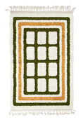 Load image into Gallery viewer, Frame Crossing grid wool rug, olive green lines and ochre yellow accents on cream, full view
