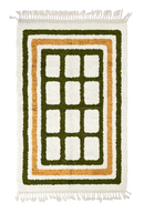Frame Crossing grid wool rug, olive green lines and ochre yellow accents on cream, full view