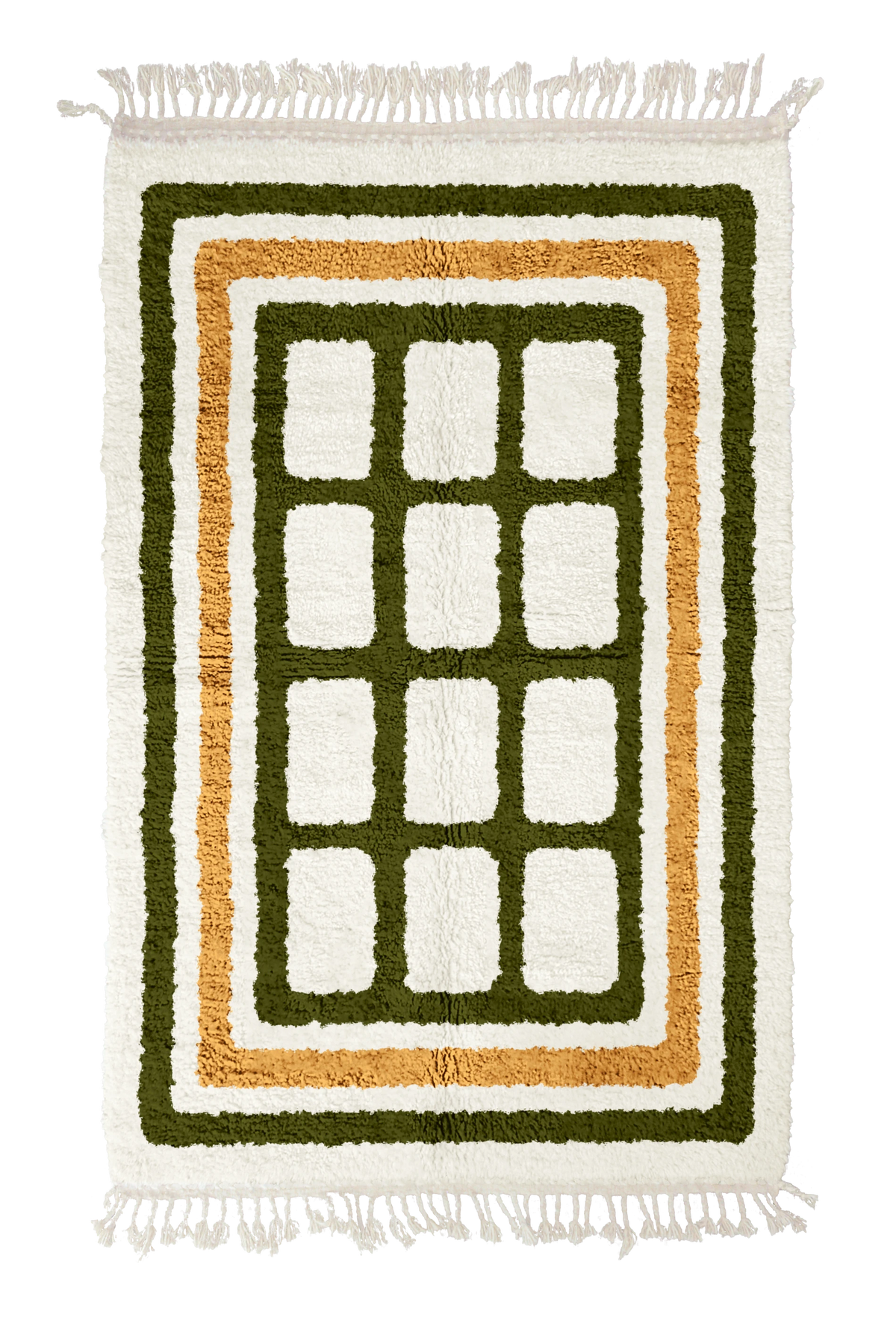 Frame Crossing grid wool rug, olive green lines and ochre yellow accents on cream, full view