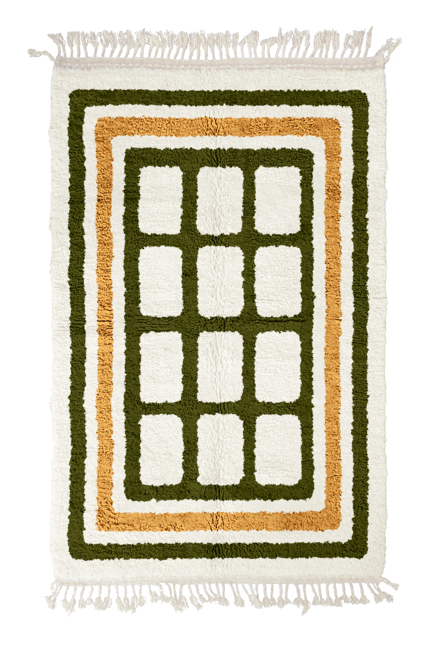 Frame Crossing grid wool rug, olive green lines and ochre yellow accents on cream, full view
