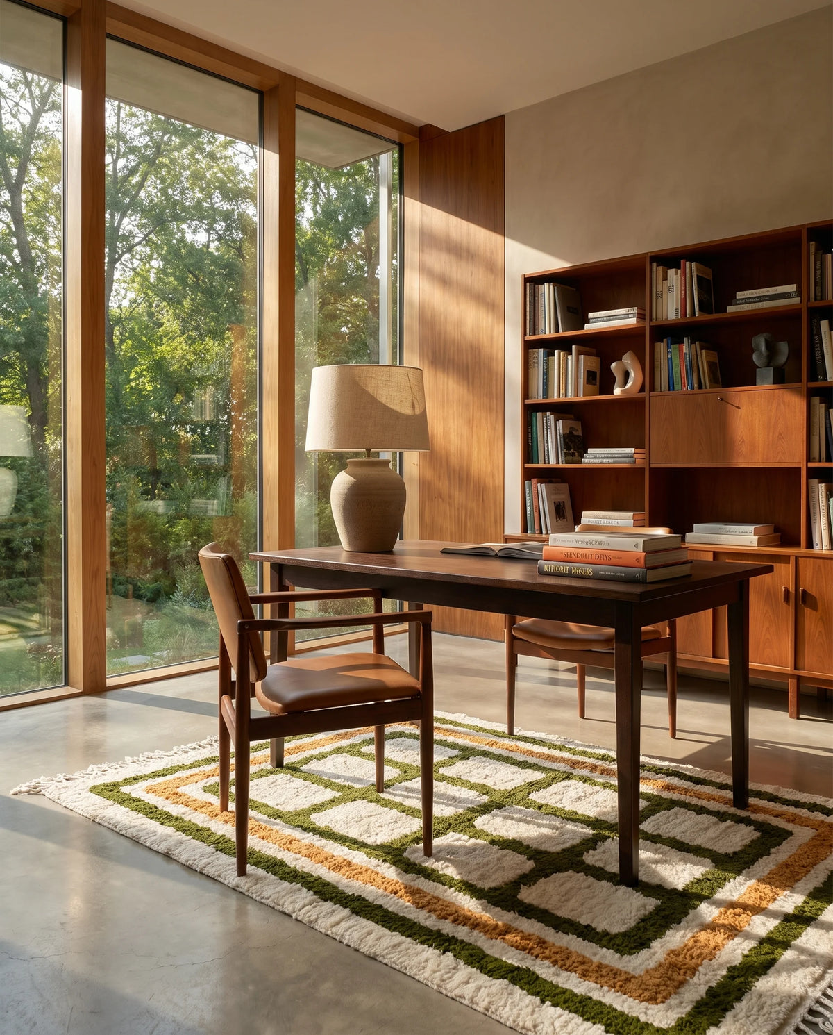 Olive Green, Ochre Yellow and Cream grid wool rug in a furnished room