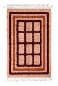 Load image into Gallery viewer, Frame Crossing grid wool rug, oxblood red lines and terracotta accents on blush pink, full view
