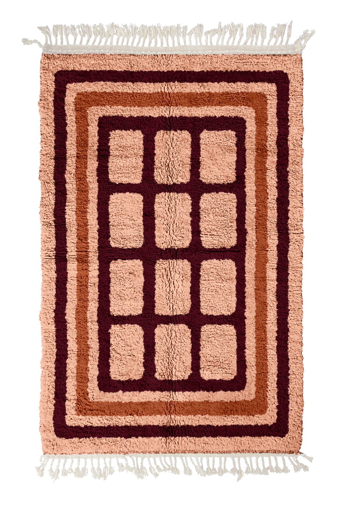 Frame Crossing grid wool rug, oxblood red lines and terracotta accents on blush pink, full view