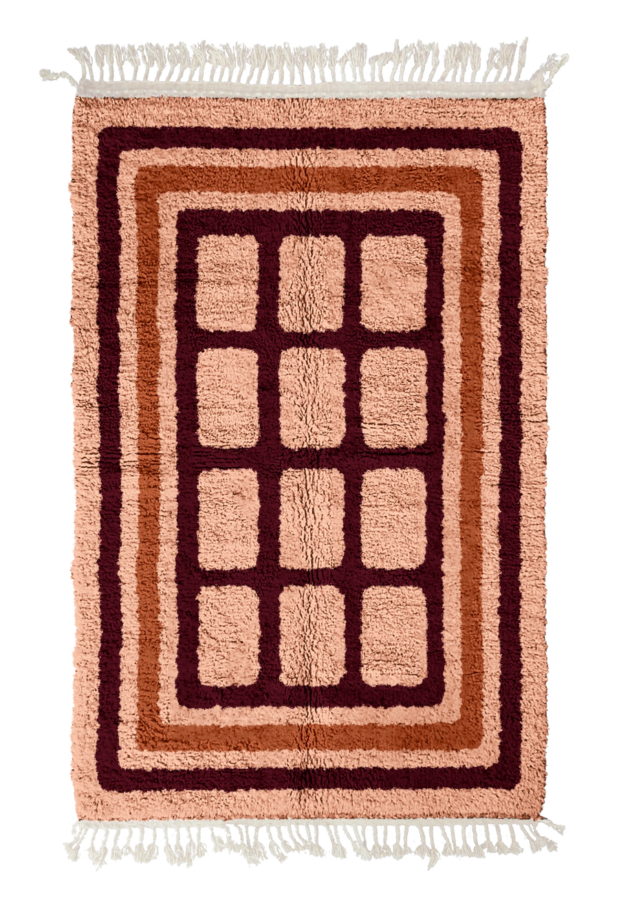 Frame Crossing grid wool rug, oxblood red lines and terracotta accents on blush pink, full view