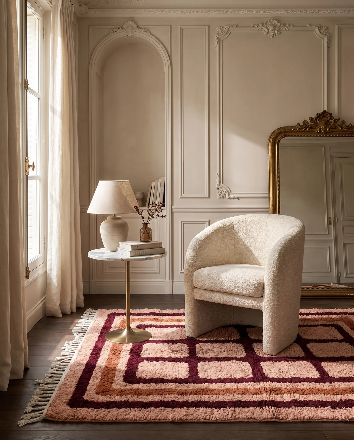 Burgundy, Terracotta and Blush Pink grid wool rug in a furnished room