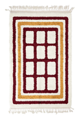 Load image into Gallery viewer, Frame Crossing grid wool rug, burgundy lines and ochre yellow accents on cream, full view
