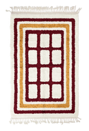 Frame Crossing grid wool rug, burgundy lines and ochre yellow accents on cream, full view