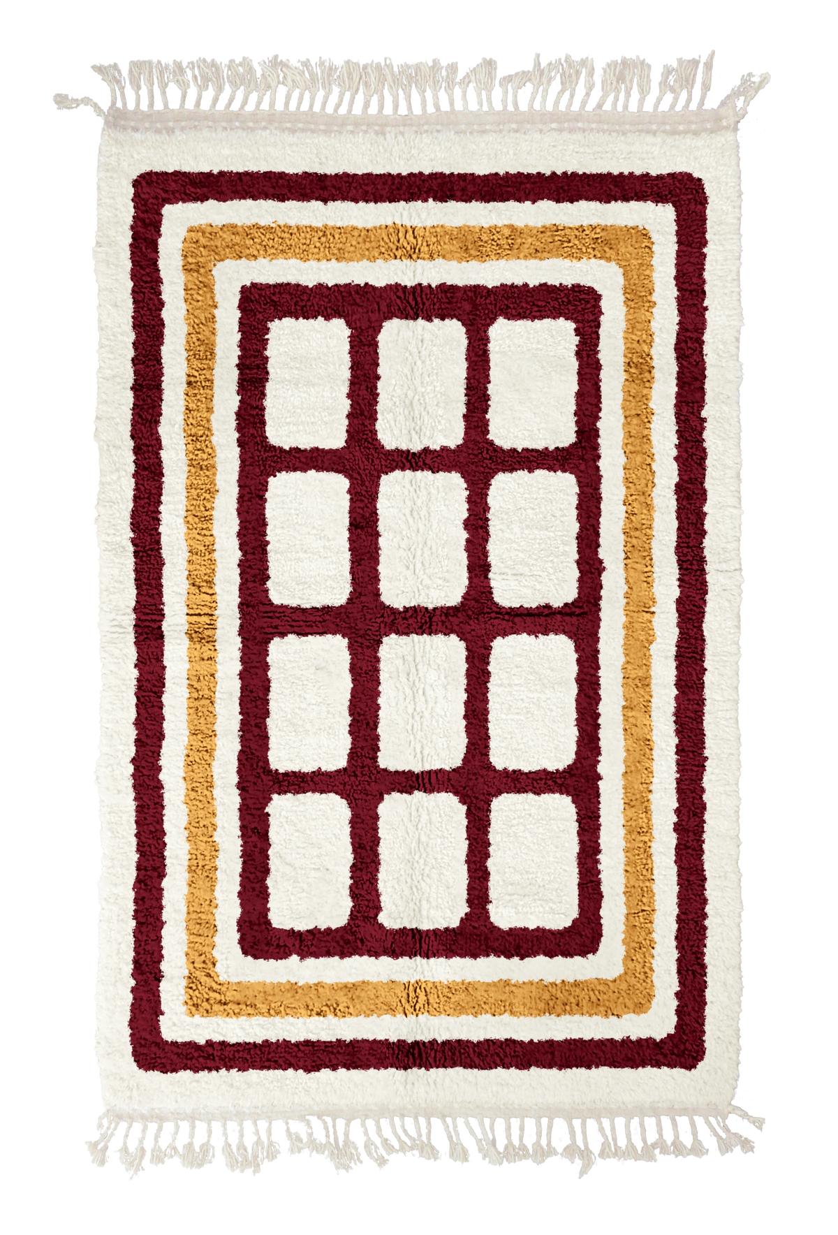 Frame Crossing grid wool rug, burgundy lines and ochre yellow accents on cream, full view
