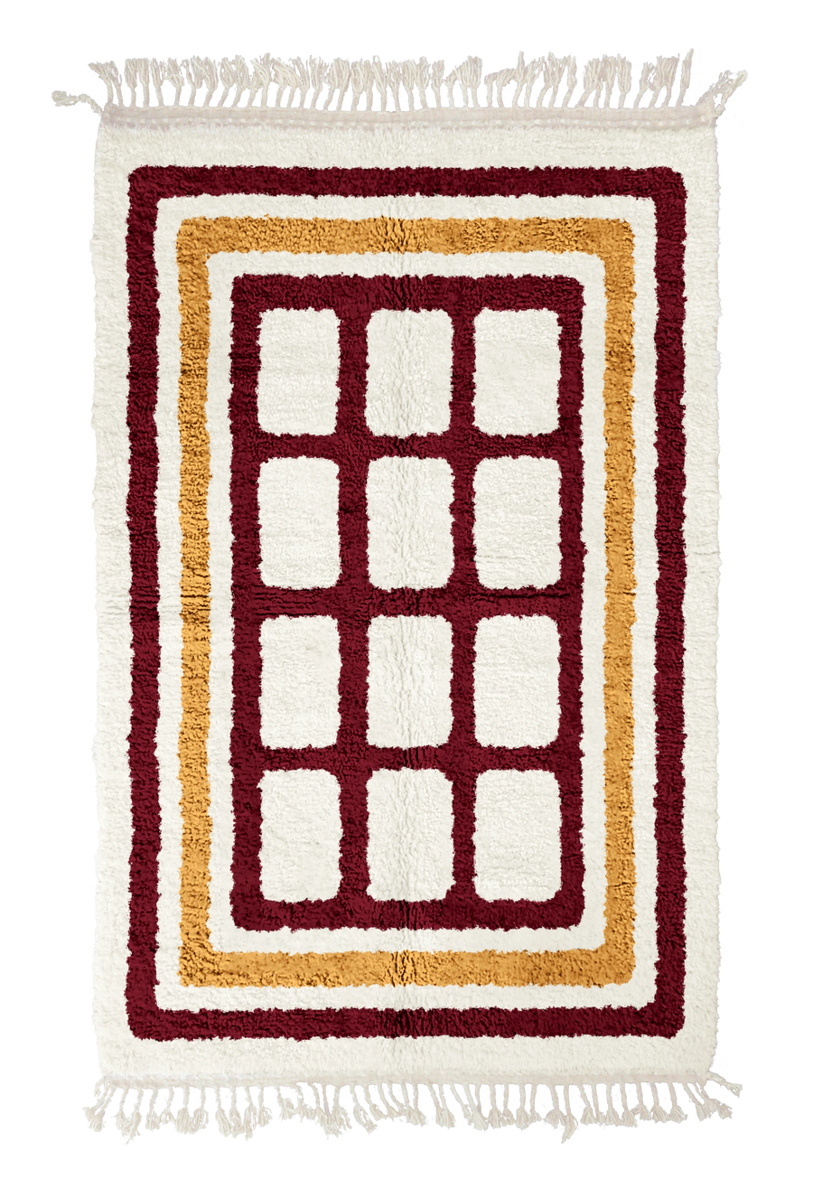 Frame Crossing grid wool rug, burgundy lines and ochre yellow accents on cream, full view